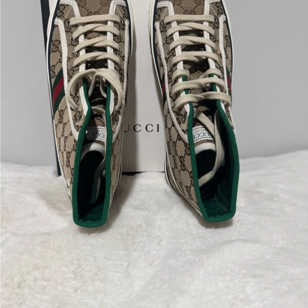 Gucci Beige GG Canvas High-Top Sneaker with Green & Red Web